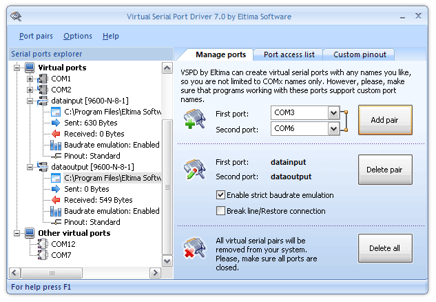 Virtual serial ports emulator