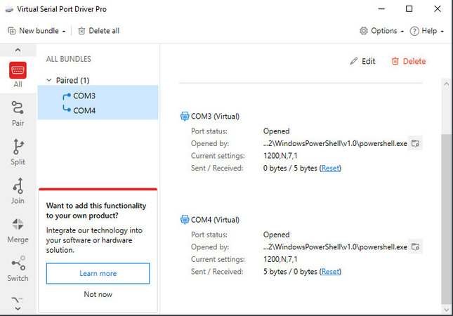  Dados transferidos exibidos no Virtual Serial Port Driver